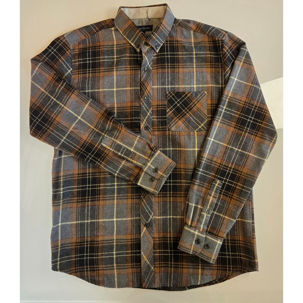 Rue Saint-Patrick Mens Flannel Shirt Medium Brown Grey Plaid Button Down L/S